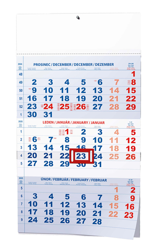 Nástěnný kalendář - Tříměsíční - A3 (s mezinárodními svátky) - modrý