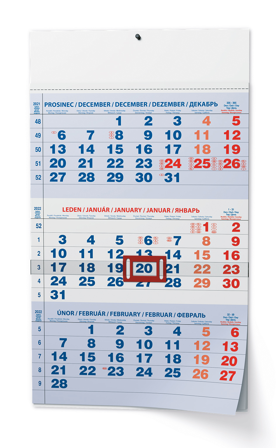 Nástěnný kalendář A3 - Tříměsíční - s mez. svátky - modrý