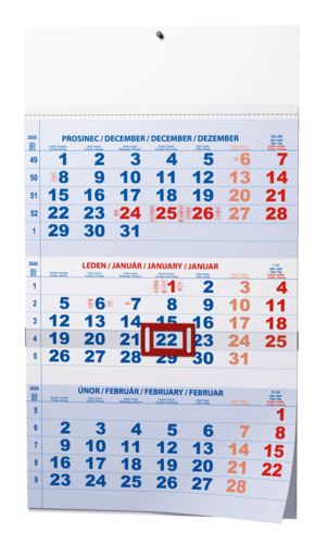 Nástěnný kalendář - Tříměsíční - A3 (s mezinárodními svátky) - modrý                           