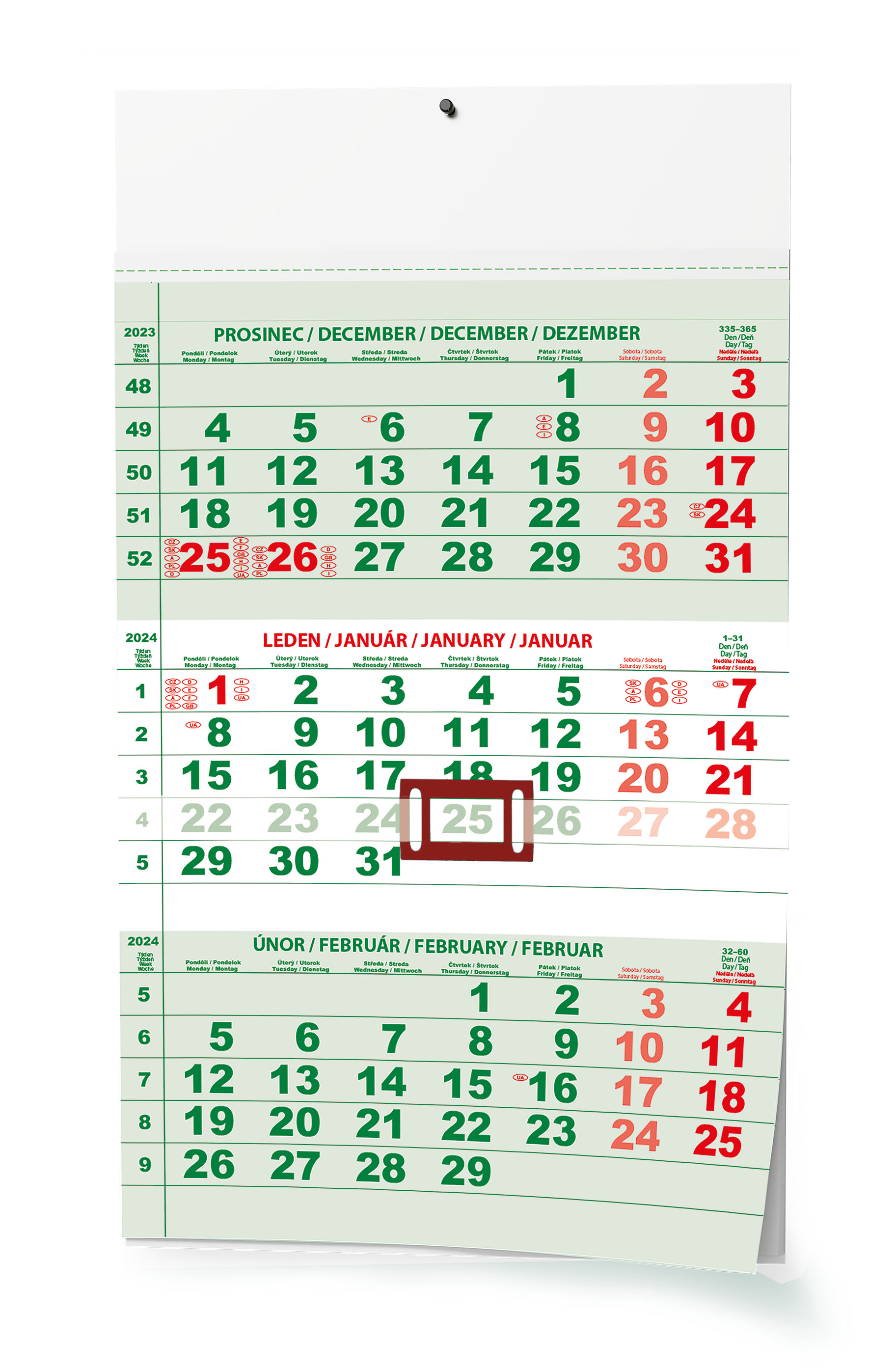 Nástěnný kalendář - Tříměsíční - A3 (s mezinárodními svátky) - zelený