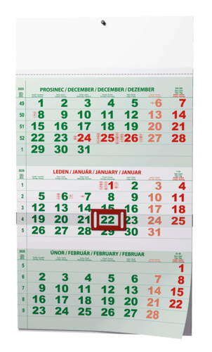Nástěnný kalendář - Tříměsíční - A3 (s mezinárodními svátky) - zelený           