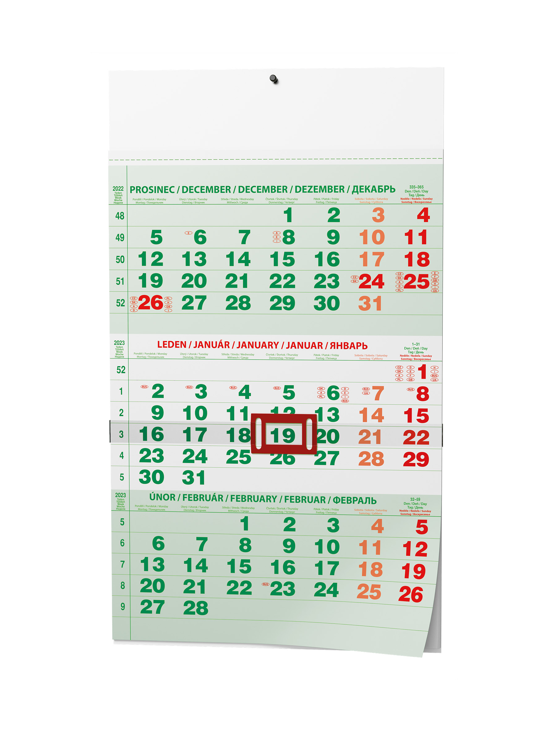 Nástěnný kalendář A3 - Tříměsíční - s mez. svátky - zelený