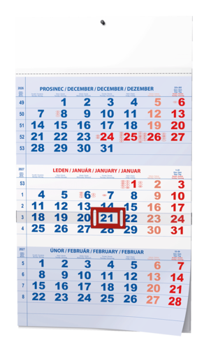 Nástěnný kalendář - Tříměsíční - A3 (s mezinárodními svátky) - modrý       
