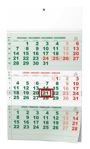 Nástěnný kalendář - Tříměsíční - A3 (s mezinárodními svátky) - zelený     